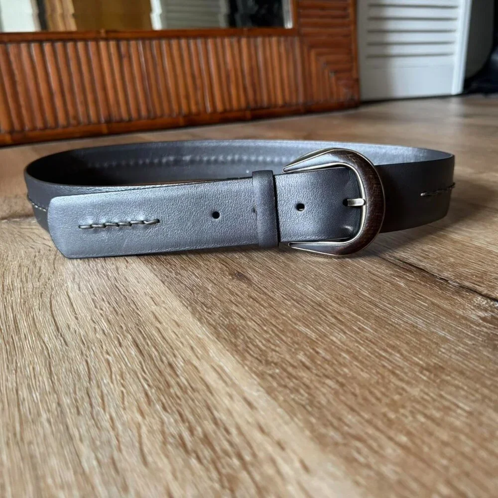 Salvatore Ferragamo Grey Metallic leather belt with wooden bit and silver buckle